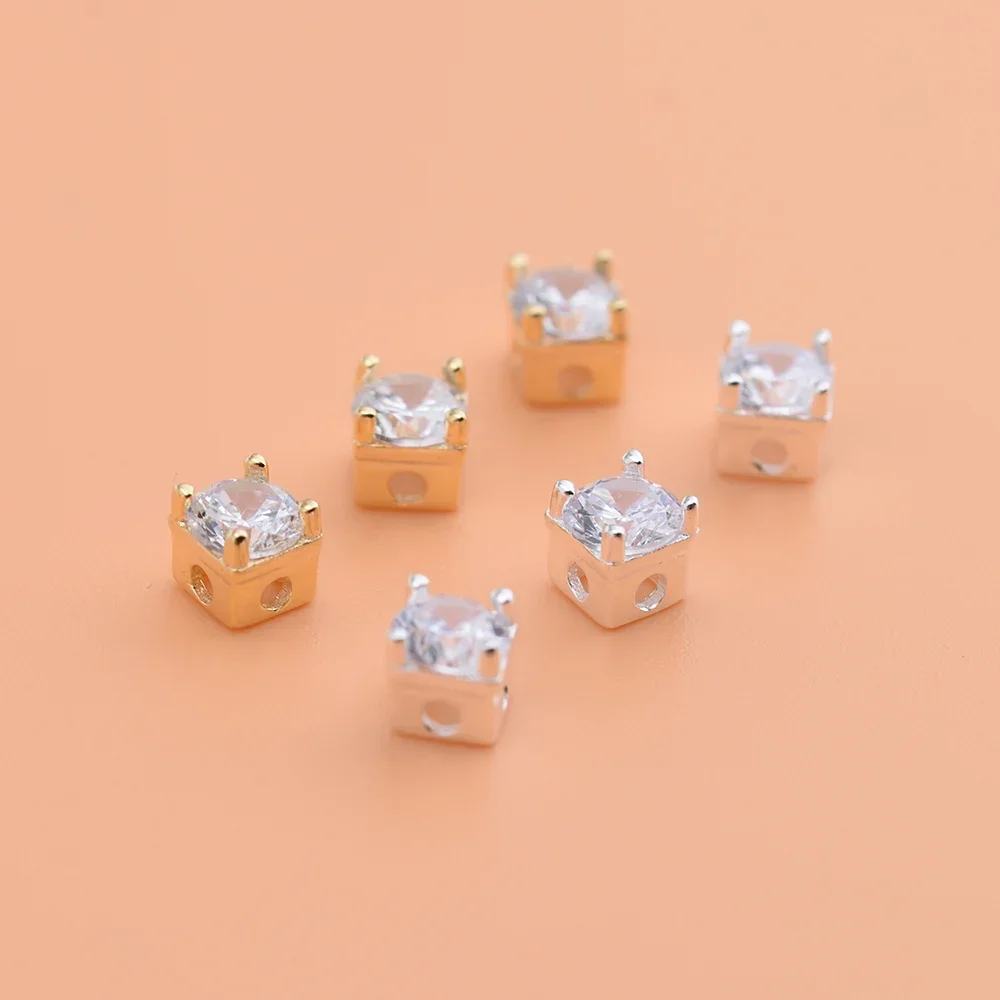 S925 Sterling silver gold plated accessory Zircon square beads handmade DIY material creative