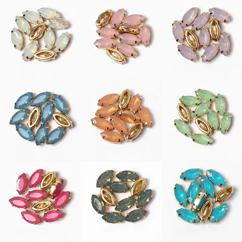 Free shipping Sew on Rhinestones Horse eye 5*10/6*12/7*15/9*18 Opal color Gold claw set Resin Stones For Garment DIY