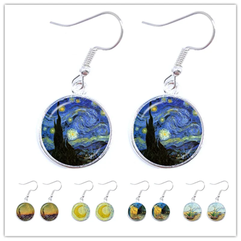 Fashion Silver Color Simple Style Earings Van Gogh Famous Artist Starry Night Drop Earrings Glass Cabochon Jewelry Women Gifts
