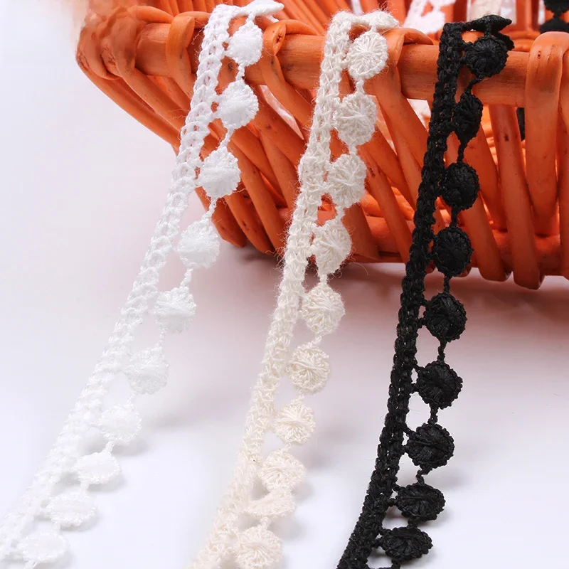 5 10Yards/Lot 13mm White Beige Black Cotton Lace Trims DIY Apparel Sewing Fabric Material Pompom Ball Fringe Ribbon Accessories