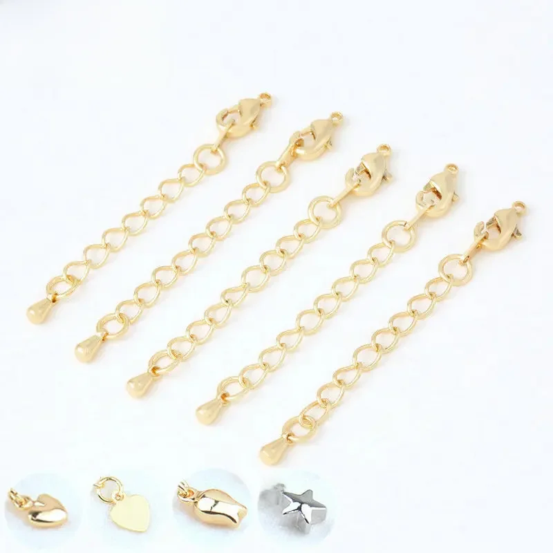 (3560)6PCS Full Length 70MM 24K Gold Color Plated Brass Extender Chain with Lobster Clasps High Quality Jewelry Accessories