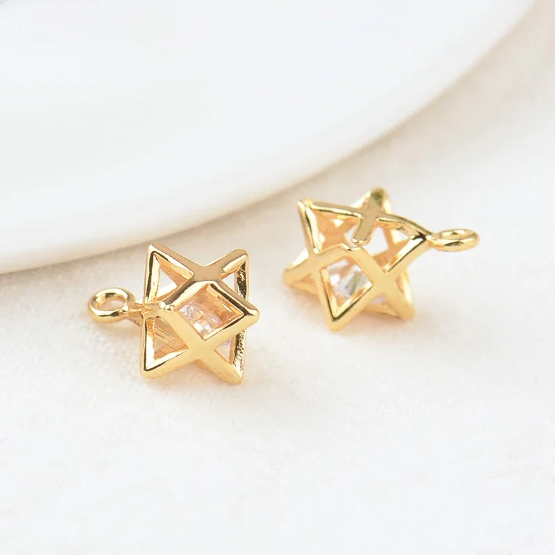 （135）6PCS 6x6.2MM 24K Gold Color Plated Brass with Zircon Octagon Charms Pendants High Quality Diy