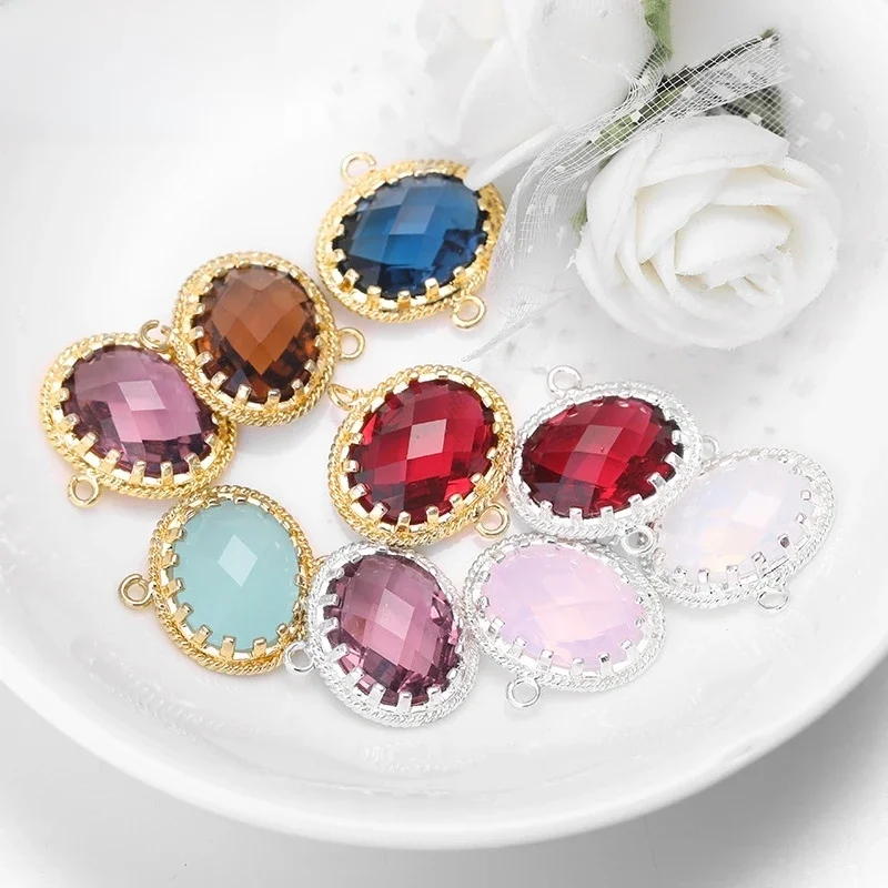 (348)4PCS19x18MM  24K Gold Color or Silver Color Brass with Oval Shape Colourful Glass Beads 2 holes Connect Charms Accessories