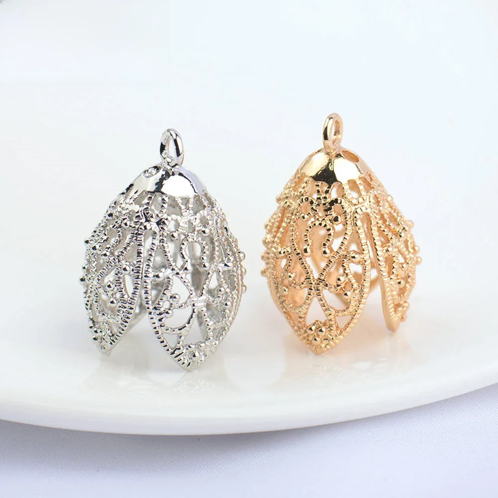 (3193)4PCS 24K Gold Color Plated Brass Hollow Flower Bud Shaped Beads Caps High Quality Diy Jewelry Making Findings Accessories