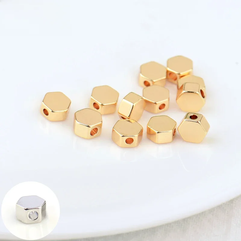 (3090)20PCS 5MM 24K Gold Color Plated Brass Hexagon Spacer Beads Bracelet Beads High Quality Diy Jewelry Accessories