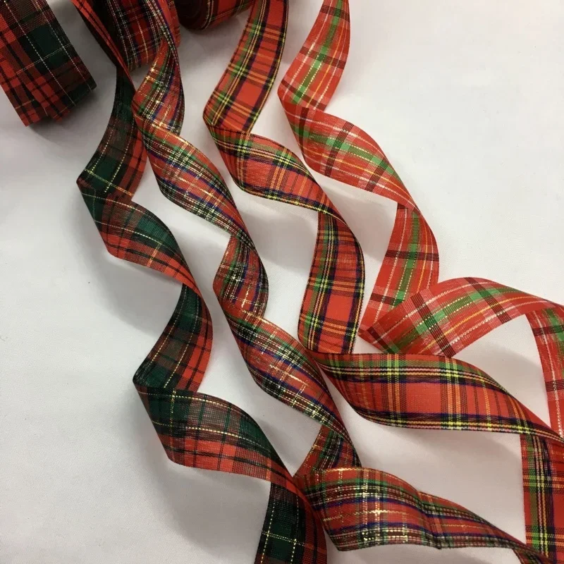 2.5cm 10Y Gold Lurex Tartan Ribbon Gingham Scottish Fabrics For Handmade Craft Gift Floral Packing