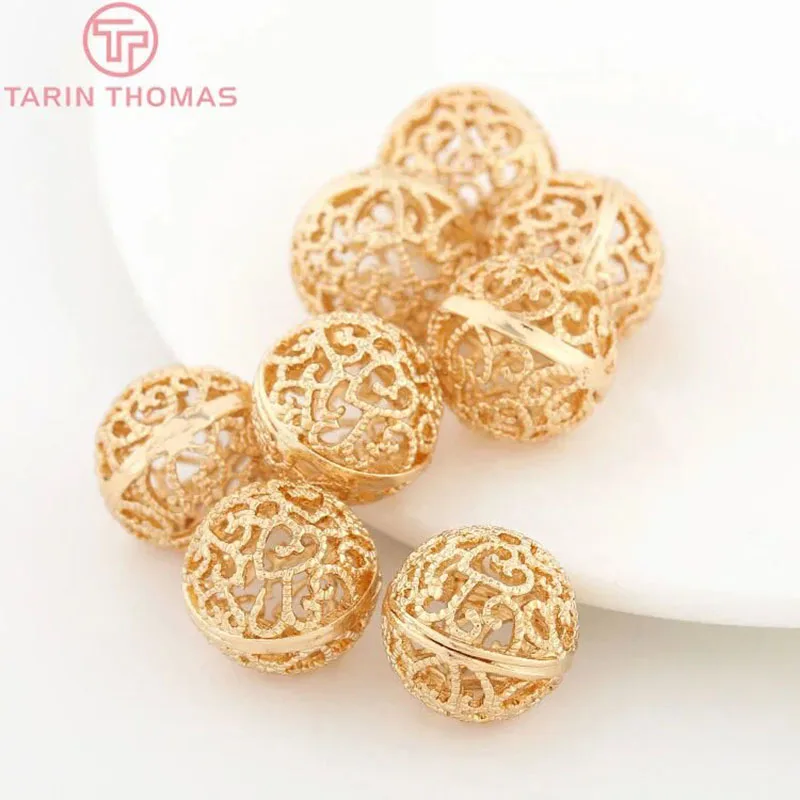 (2879)10PCS 8MM 10MM 12MM 24K Gold Color Plated Brass Hollow Pattern Round Beads High Quality Diy Jewelry Accessories
