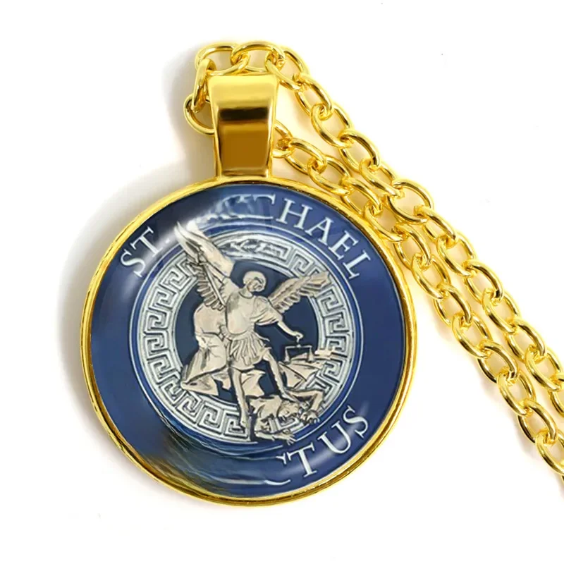 1pcs 25mm Glass Cabochon Necklace Archangel St.Michael Protect Me Saint Shield Protection Charm Russian Orhodox Pendant Jewelry