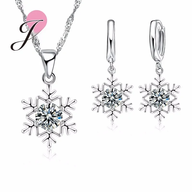 Elegant Women Snowflake Pendant Crystal 925 Sterling Silver Chain Necklace+Earrings Set Female Fashion Wedding Christmas Jewelry