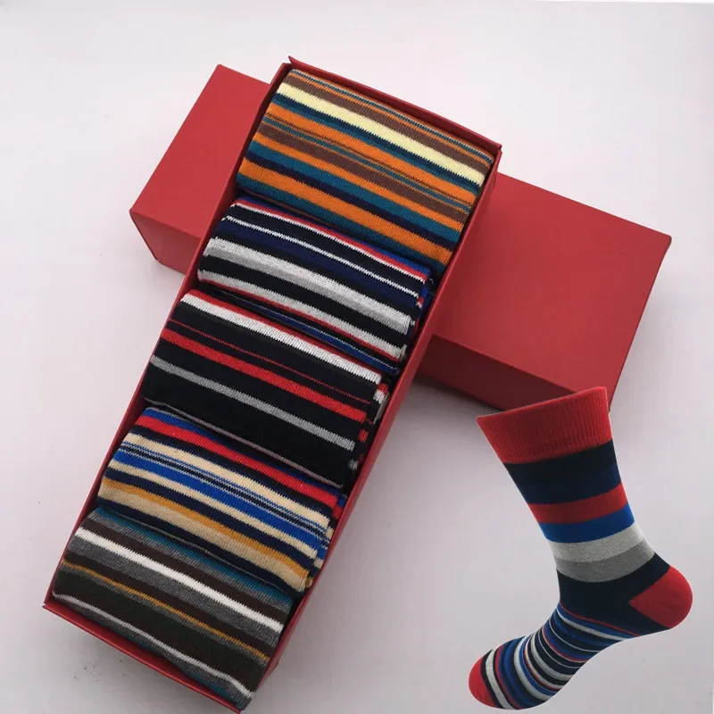 The latest casual men's socks color stripes five pairs of socks cotton gift box US (7-14) ,