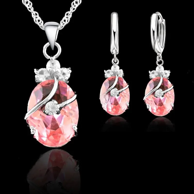Charming Newest 925 Sterling Silver Women Jewelry Sets Austrian Crystal Waterdrop Pendant Necklace