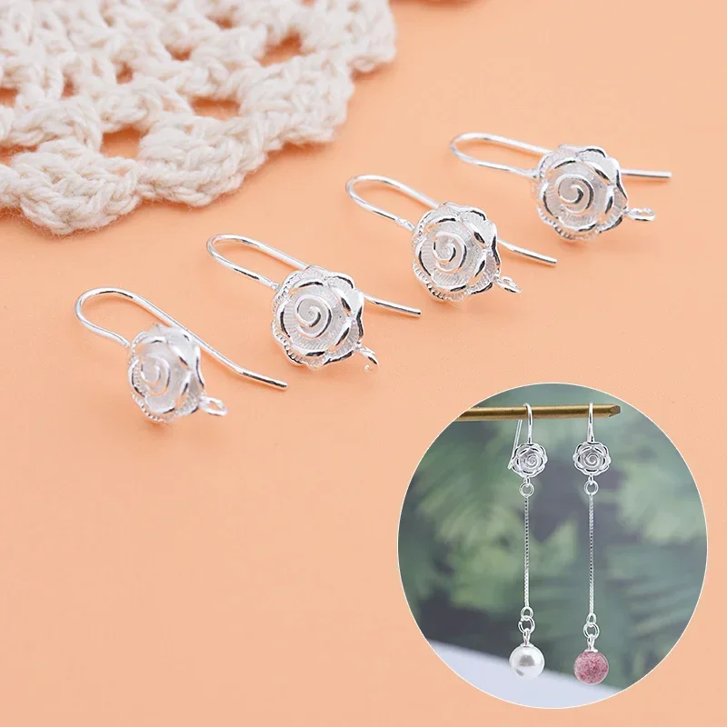 925 sterling silver semi-finished rose ear hooks handmade DIY earrings jewelry accessories for women