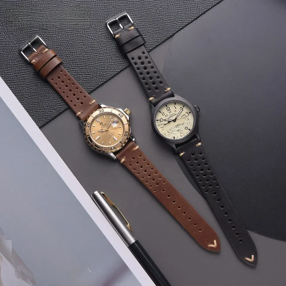 EACHE Design Vintage Leather Rally Watch Straps Brown 18mm 20mm 22mm Watchband Watch Accessories