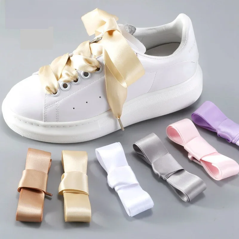 1Pair 2 CM Width Silk Satin Shoelaces Ribbon Shoe Laces Boots Women Sneakers ShoeLace 19 Colors