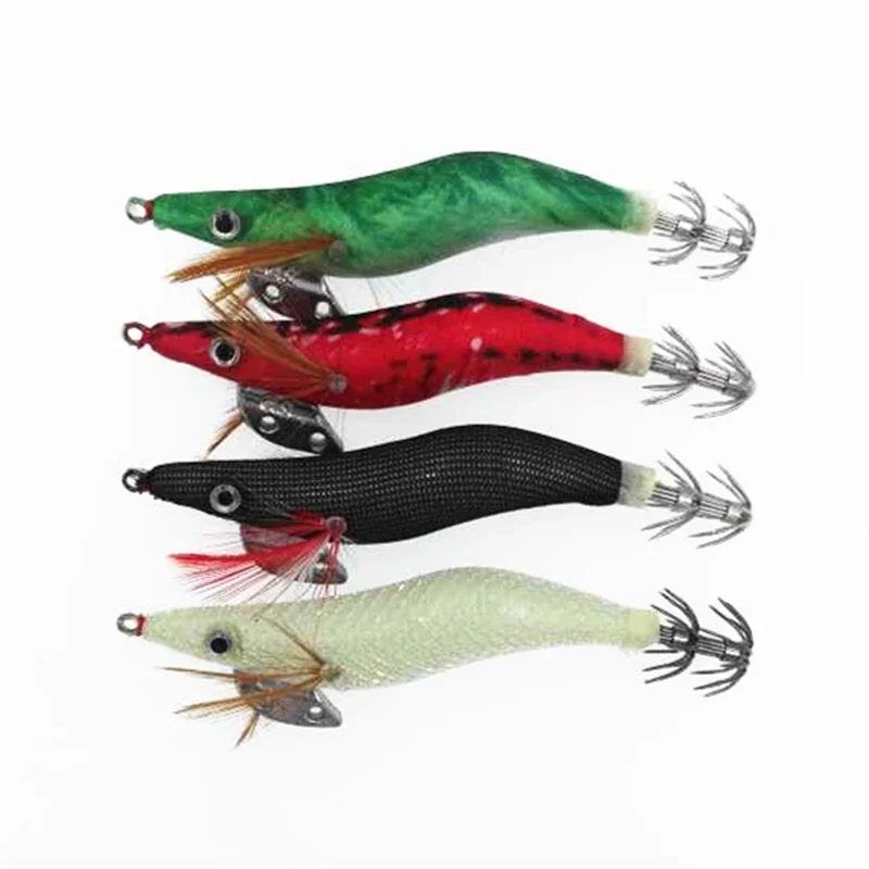 New Wood Shrimp Fishing Lure 4Pcs Luminous Squid Jigs 10cm 11g Octupus Lures Cuttle Umbrella Hook
