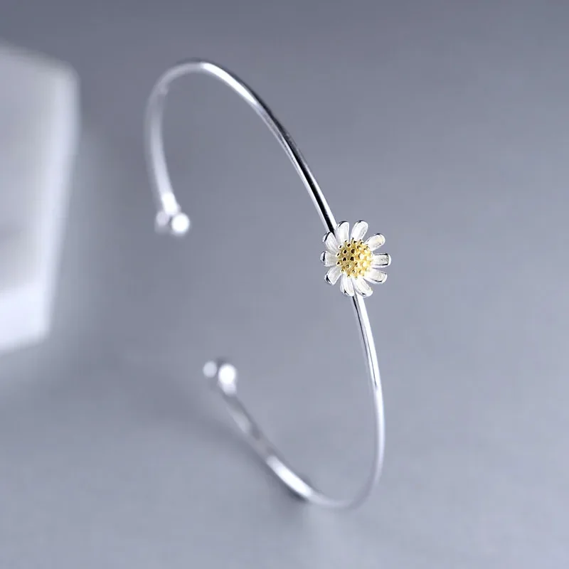 Buyee 925 Sterling Silver Flower Bangle Chrysanthemum Daisy Adjustable Open Hypoallergenic Fine Jewelry for Women Fashion Gift
