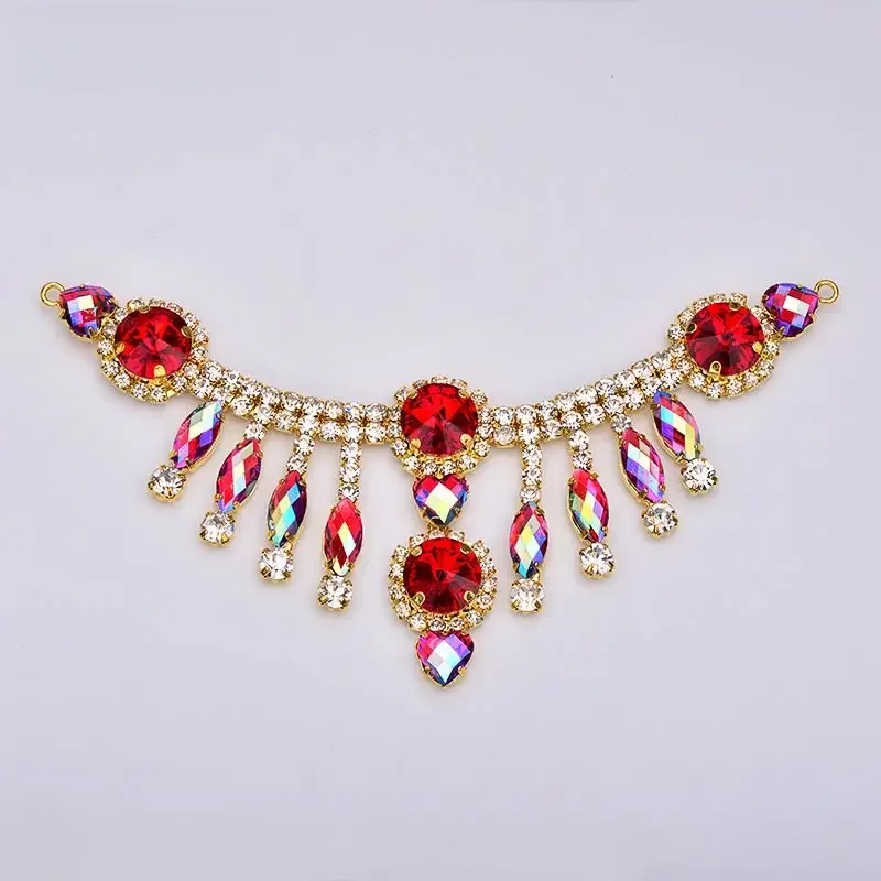 JUNAO 155*60mm Sewing Red AB Glass Rhinestone Chain Trim Gold Flowers Strass Applique Crystal Fringe for Garment Decoration