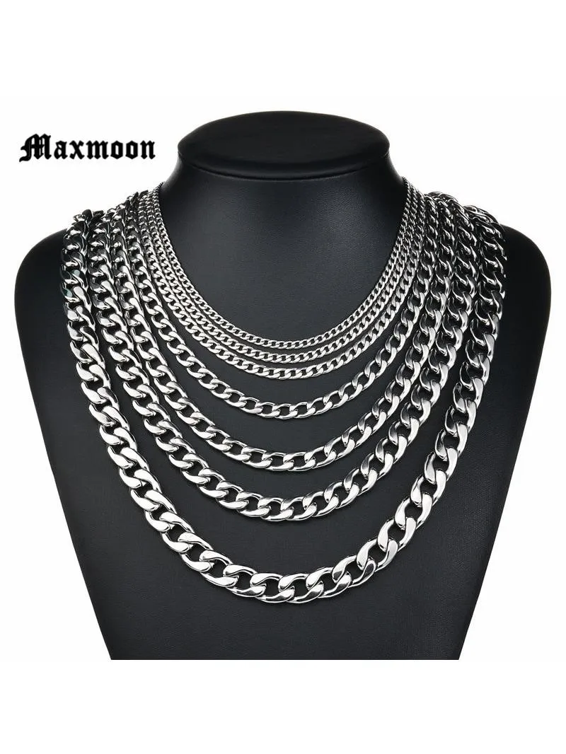 Maxmoon Never Fade 3mm/5mm/7mm/9mm/11mm Stainless Steel Cuban Chain Necklace Waterproof Men Link