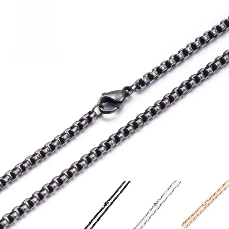 3mm Titanium Link Square Pearl Chains Black/Gold Color Vintage Stainless Steel Long Choker Necklace For Men Fashion Jewelry