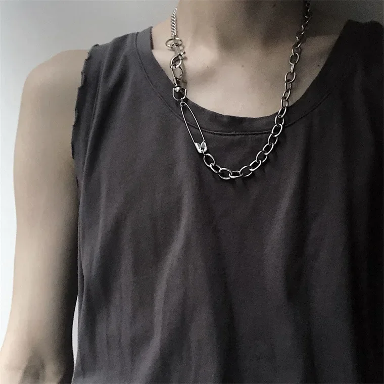 Titanium Steel Vintage Punk safety pin Button Pendant Choker Hip Hop Silver Color Harajuku gothic