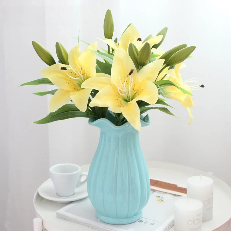 Yellow Lilies Artificial Flowers Real Touch White Flower Decoration Wedding Fake Lily Branch 4 Heads