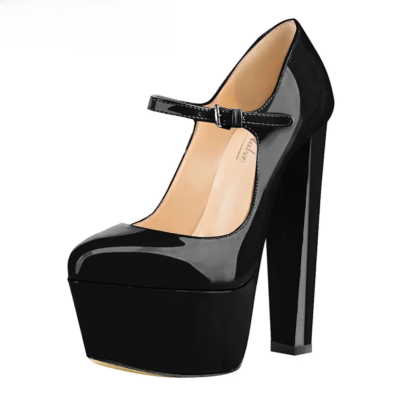 Onlymaker Women Platform Mary Janes Heeled Heels Wave Strap  Ankle Strap Fashion Black Pumps
