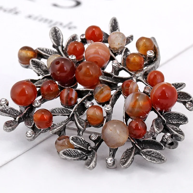 New Natural Stone Plant Leaf Bouquet Metal Brooches Scarf Pins Fashion Vintage Wedding Accessories