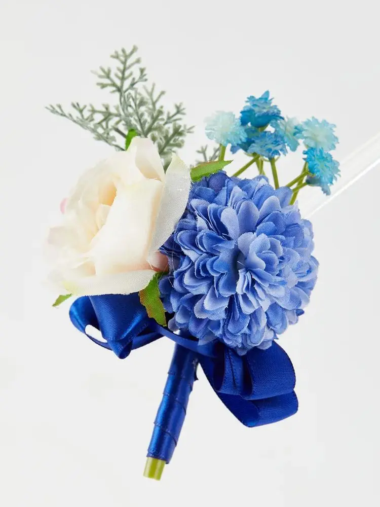 Meldel Corsage Bridegroom Boutonniere Lapel Pin Bride Wrist Corsage White Blue Rose Bracelet Wedding Party Personal Floral Decor