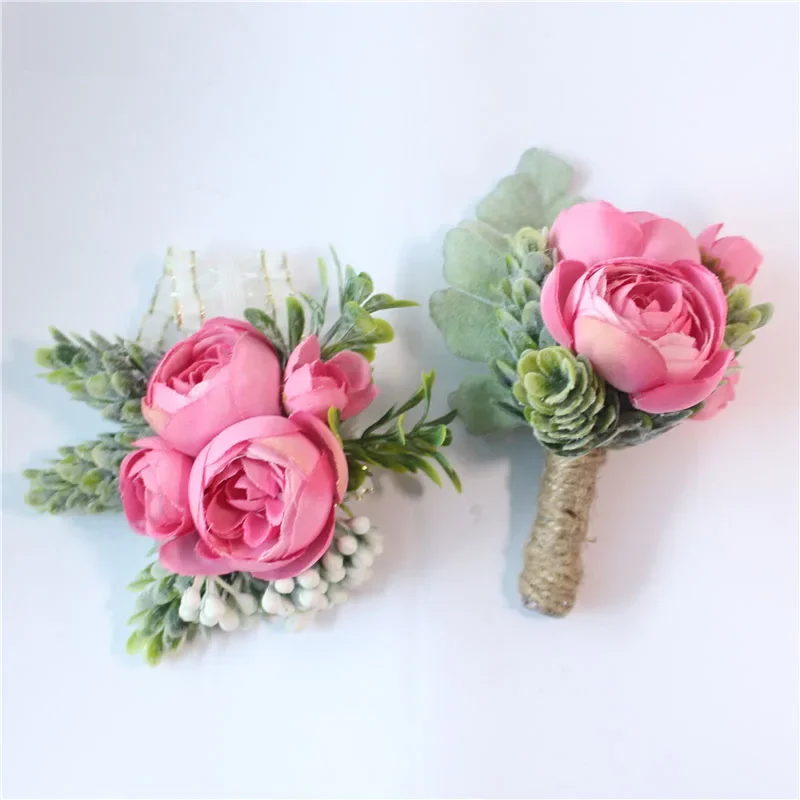 Meldel Boutonniere Groom Corsage Bridal Wrist Corsage Rose Bracelet Pink Orange Artificial Silk