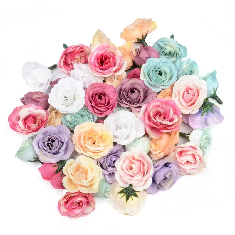 50/100pcs 2cm Silk Mini Rose Artificial Flower Head Wedding Party Home Room Decoration Marriage Hats