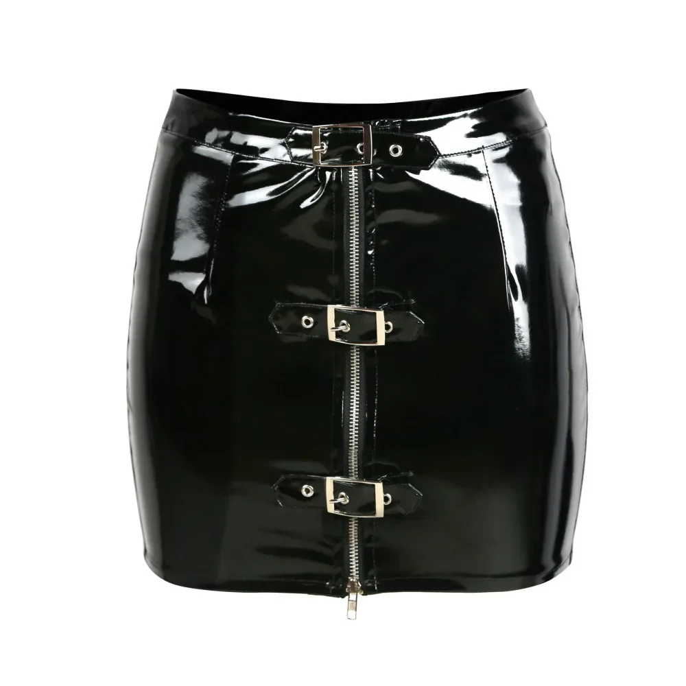 Women's Button PVC Pencil Mini Skirt Vinyl Latex Zipper Shiny Tight Skirt Nightclub Club DS Skirt