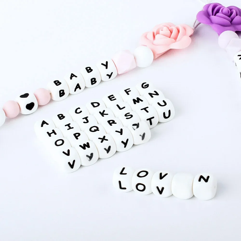 15/36/100/200/500/1000pcs Letter Silicone Beads 12mm Baby Teether Beads Chewing Alphabet Bead For