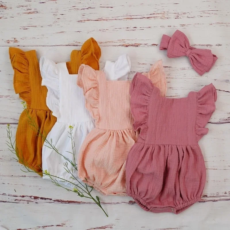 Organic Cotton Baby Girl Clothes Summer New Double Gauze Kids Ruffle Romper Jumpsuit Headband Dusty