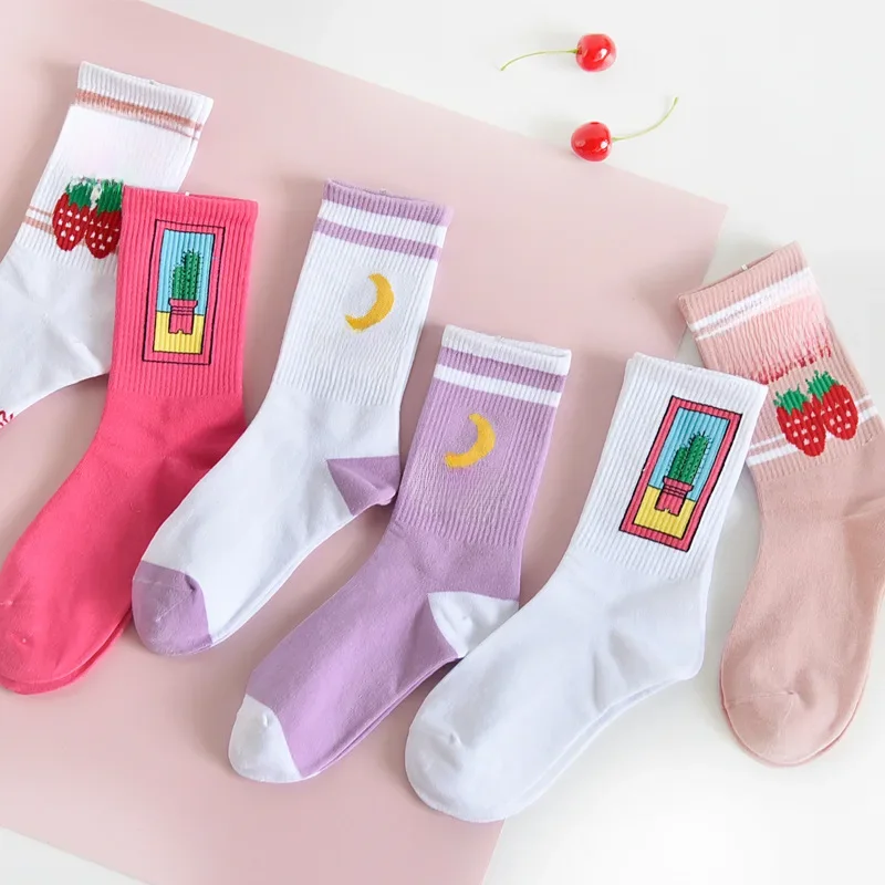 Women's Socks Harajuku Style Cotton Colorful Cute Funny Happy kawaii Moon strawberry cactus White