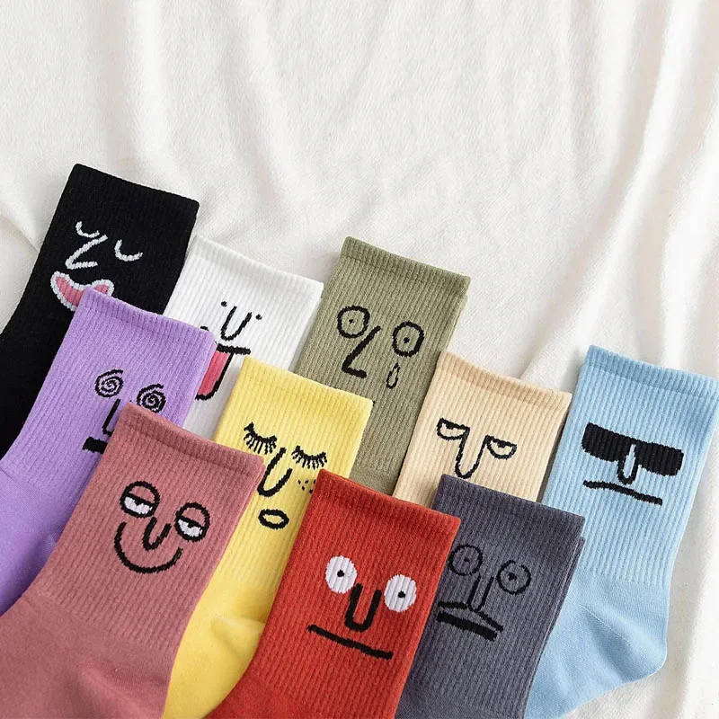 Men Socks Korea Harajuku Colorful Funny Socks Women Cotton Kawaii Expression Fashion Art Face