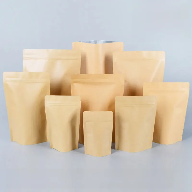 50Pcs Brown Kraft Paper Bags Stand-Up Heat Sealable Reseal able Zip Pouch Food Coffee Storage Packaging Bags Baking Addict