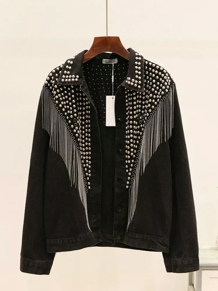 Autumn Denim Jacket Coat Women Rivet Tassel Chain Short Coats Woman Loose Streetwear Long Sleeve