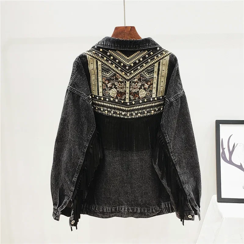 Denim Jacket Korean Floral Embroidery Suede Fringe Loose Chaquetas Mujer Coat Long Sleeve Outerwear