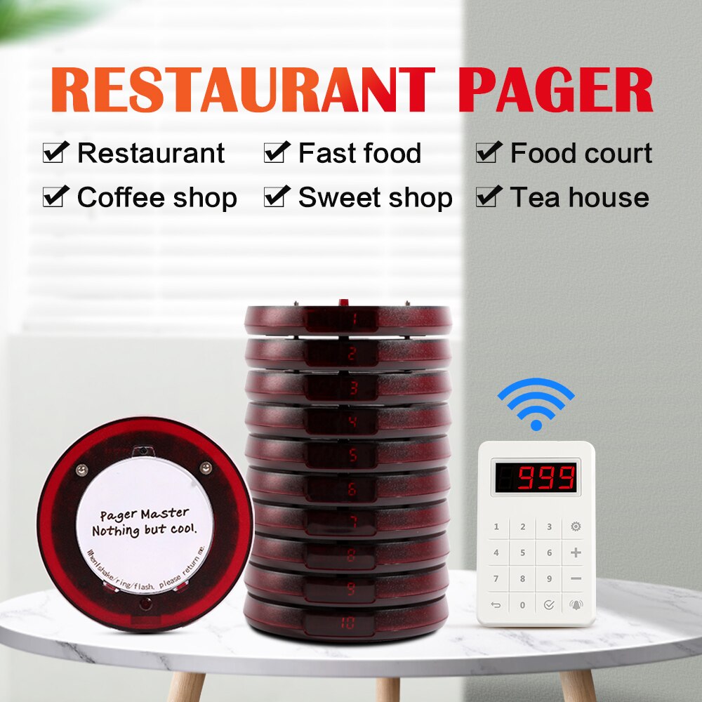Wireless Restaurant Pager System Customer Guest Paging System 10 Beepers with Touch Keypad For Church Hospital Food Court Bar Ca