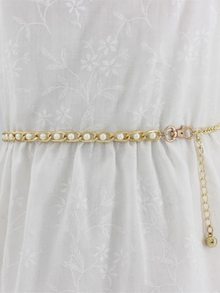 Fashion Imitation Pearl Beads Thin Waist Belt Elegant Ladies Metal Chain Slim Belt Women Waistband