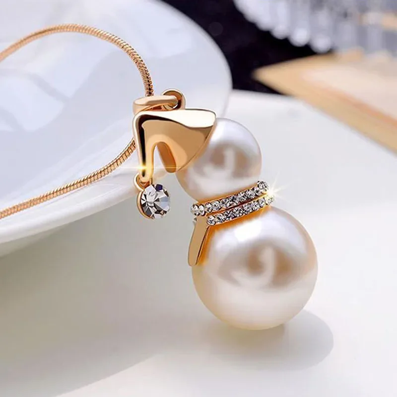 Fashion Cute Snowman Pendant Long Necklace for Women Gold Color Pearl Jewelry Gifts Wedding Jewelry