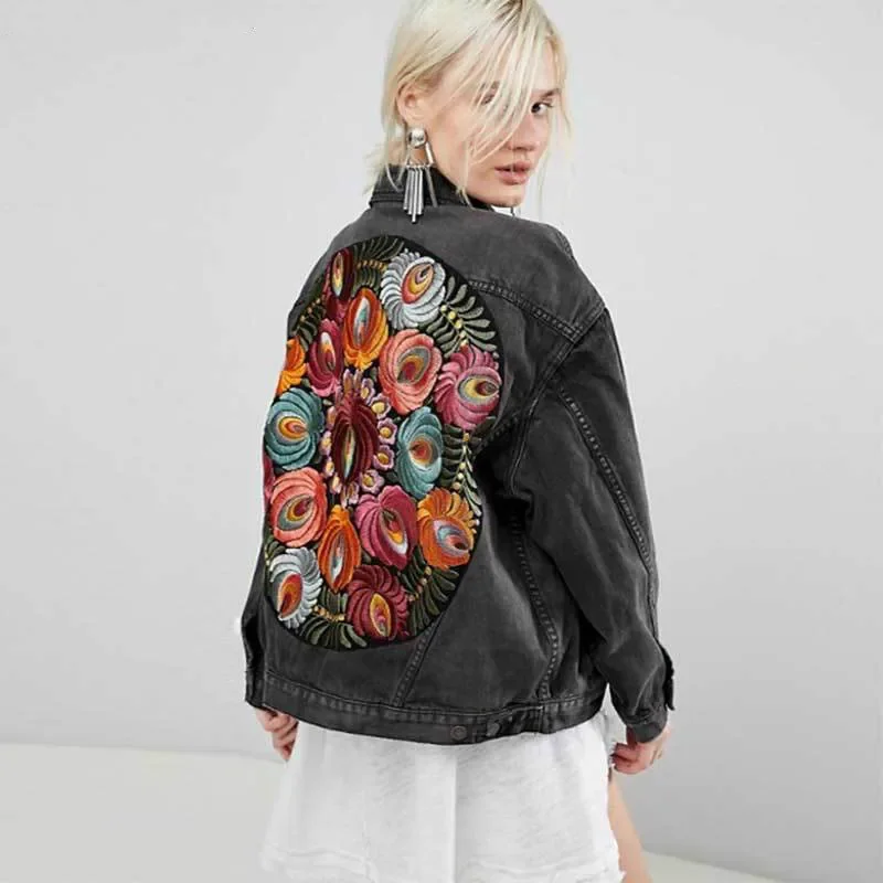 Denim Jacket Boho Oversized Multi Floral Embroidered Long Sleeve Casual Chic Jacket Coat Women 2023
