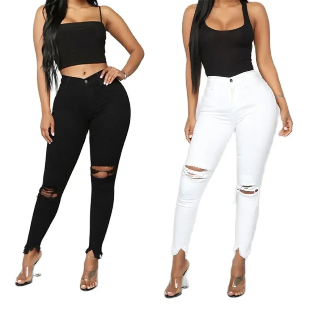 Black and White Ripped Jeans For women Slim denim Jeans Casual Skinny pencil pants Fashion Women's