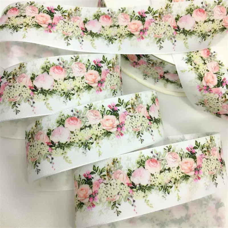 5Y 3.8cm Satin Floral Ribbon For Handmade DIY Craft Bows Gift Flowers Packing Easter Cake Party Wedding Christmas Holiday Deco