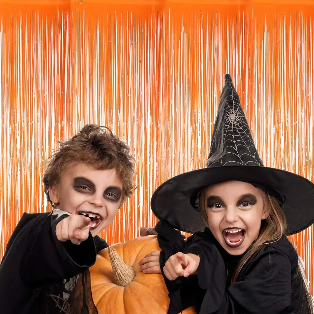 Halloween Backdrop Curtain Decoration, Tinsel Fringe, Foil Curtain, Orange, Black, White, Party