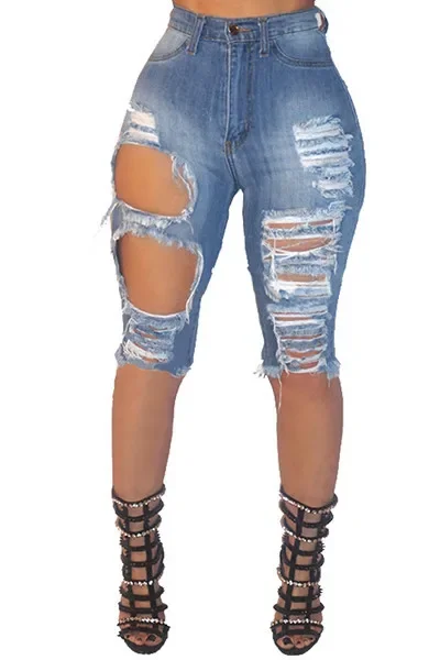 Trendy Women's Ripped Jeans Fashion Elastic High Waist Skinny Denim Jeans Knee Length Pencil Pants