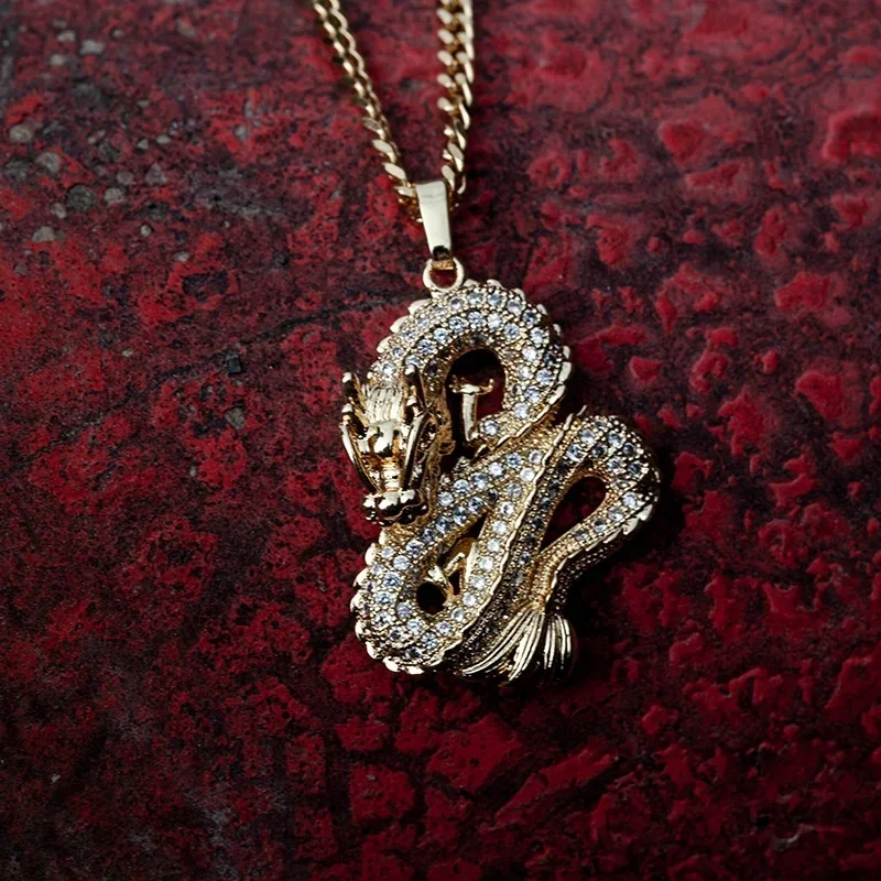 Personality Gold Color Zircon Dragon Necklace Pendant for Men Women Hip Hop Chain Rhinestone Iced