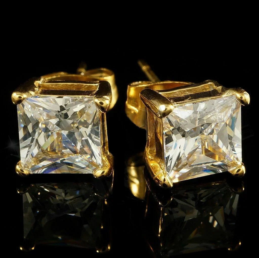 Dazzling Gold Color Square Cut Cubic Zirconia Stud Earring Cocktail Party Iced Out Crystal Earring