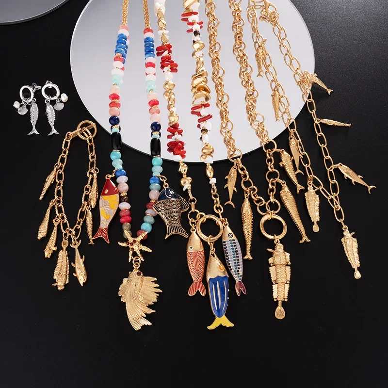 wealthyBoo Boho Enamel Marine Life Charms Articulated Fish Pendant Necklace Chic Mermaid Conch Choker Ocean Beauty Accessories