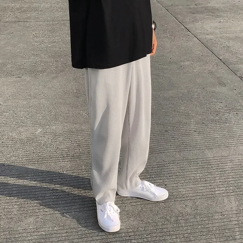 Pleated Pants Men Summer Straight Casual Pants Men Japanese Streetwear Loose Ice Silk Pants Mens Wide Leg Pants Man Trousers